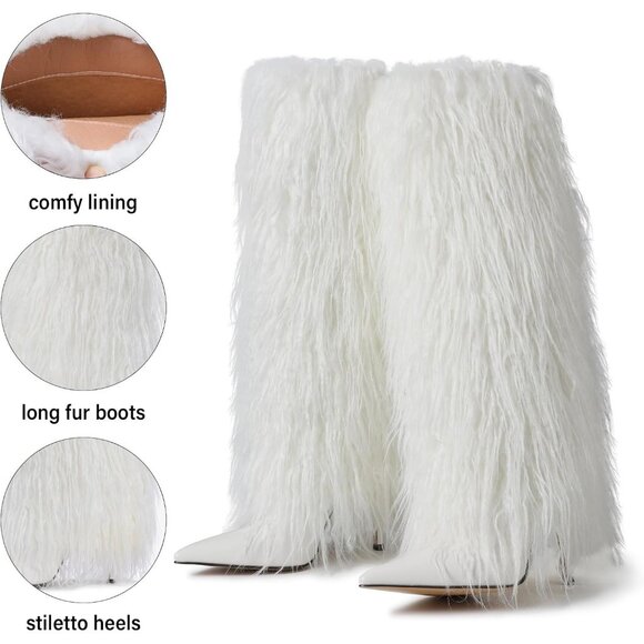 Women's white Kalstage Fur Knee High Heeled Wide Calf Party Fashion Boots - Picture 3 of 6